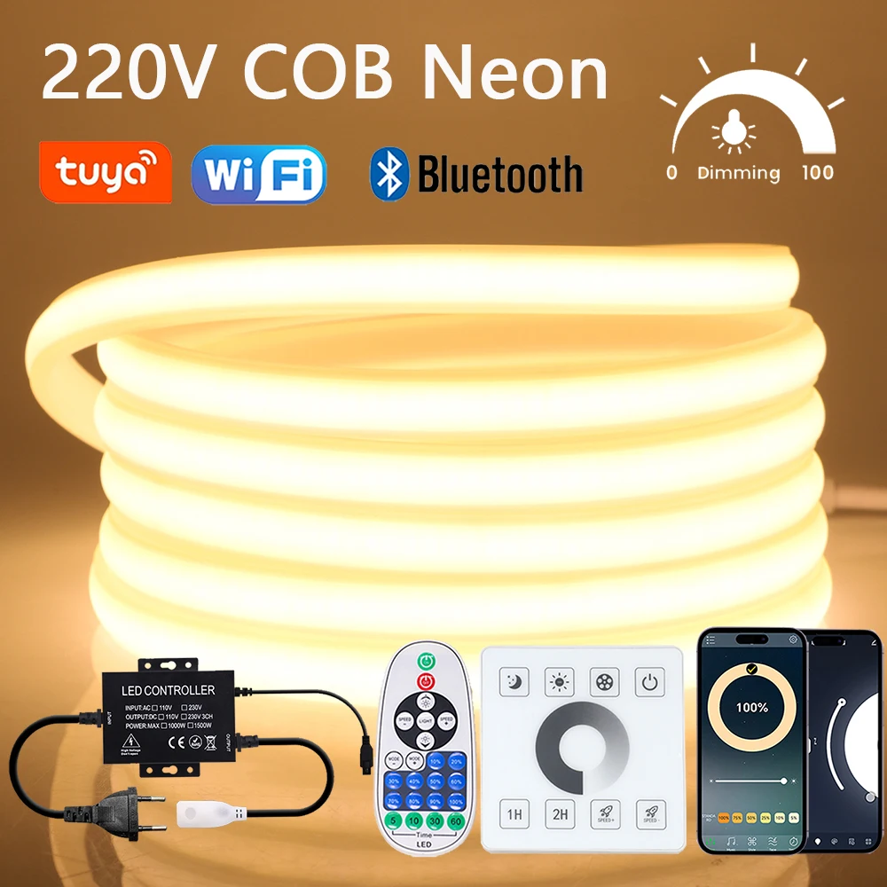 

Tuya WIFI 220V COB LED Strip Light Dimmable Bluetooth Wall Touch 23key Remote 1500W Controller 288LED/m Waterproof Flexible Lamp