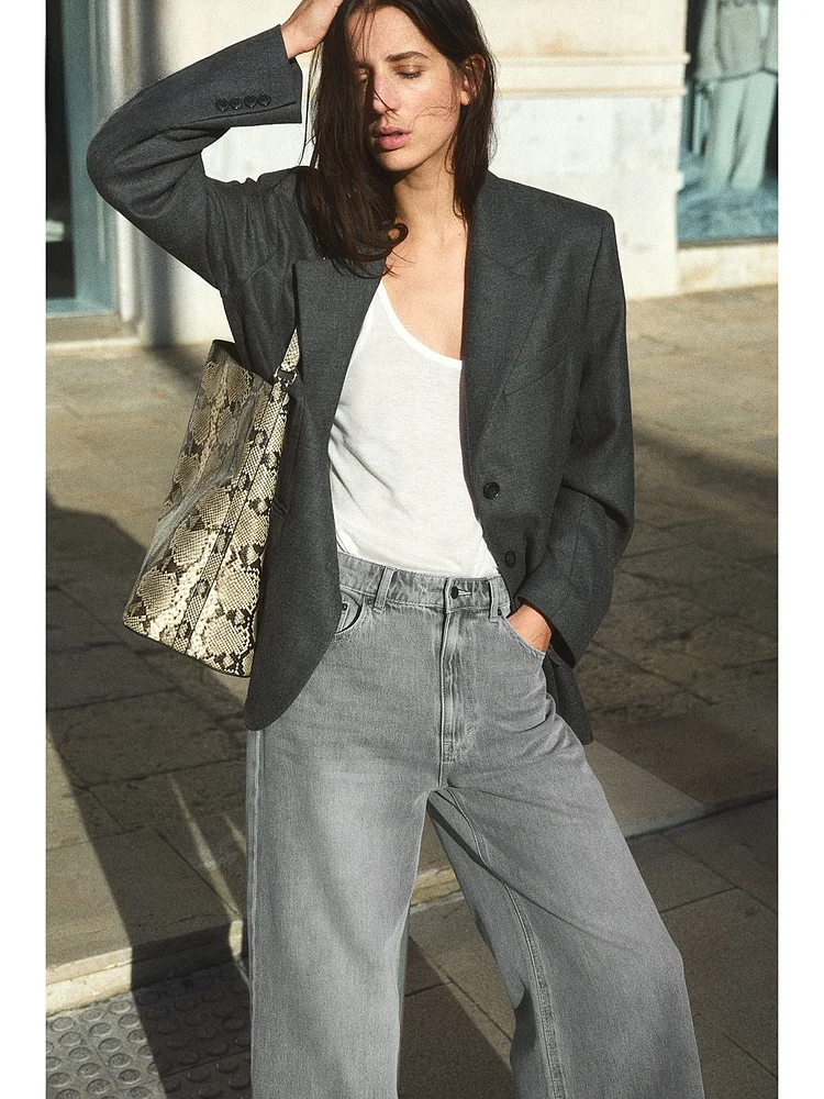 패셔너블한 소프트 와이드 레그 데님 진 여성용 겨울 신상품 H&M l 허리 롱 팬츠 면 100%