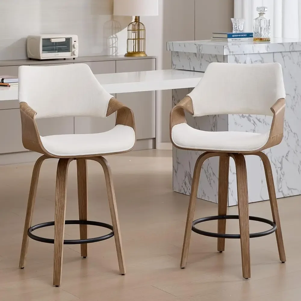 

Set of 2 White Linen Upholstered Swivel Bar Stools with Back, Suitable for Counter Height and Kitchen Island