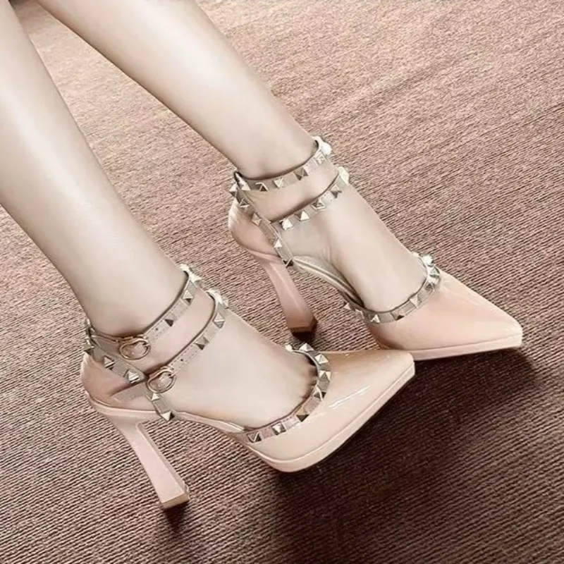 

French Waterproof Beautiful High Heels One Word Sexy Hollow Rivet Pointed Toe Temperament Fashion Celebrity Sandals