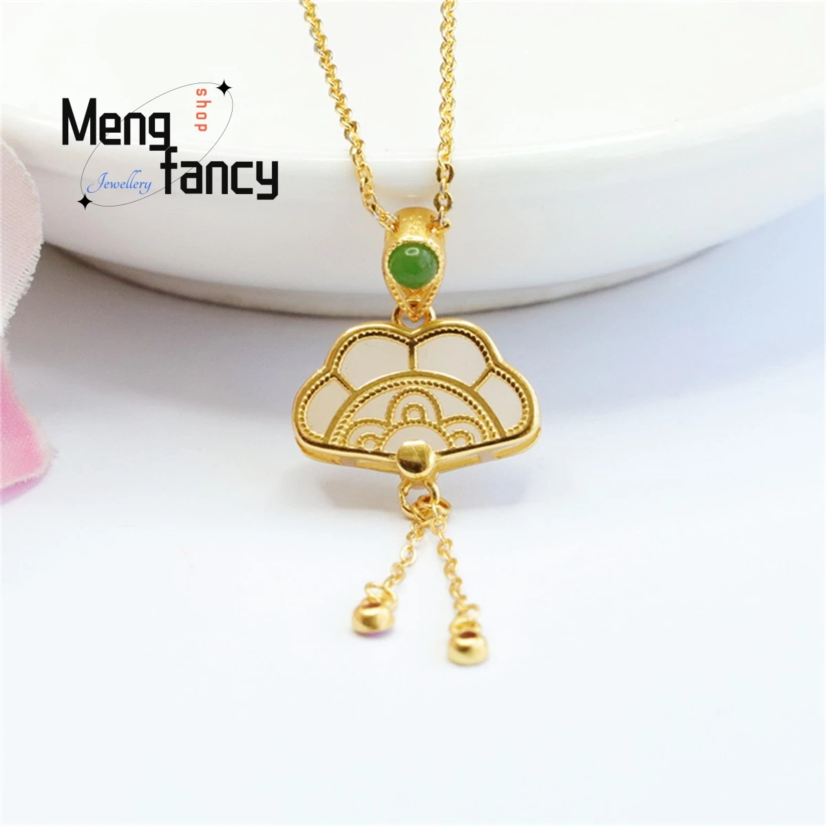 Natural S925 Silver Inlay Hetian White Jade Small Fan Egg Face Tassel Necklace Simple Generous Personality Fashion Women Jewelry