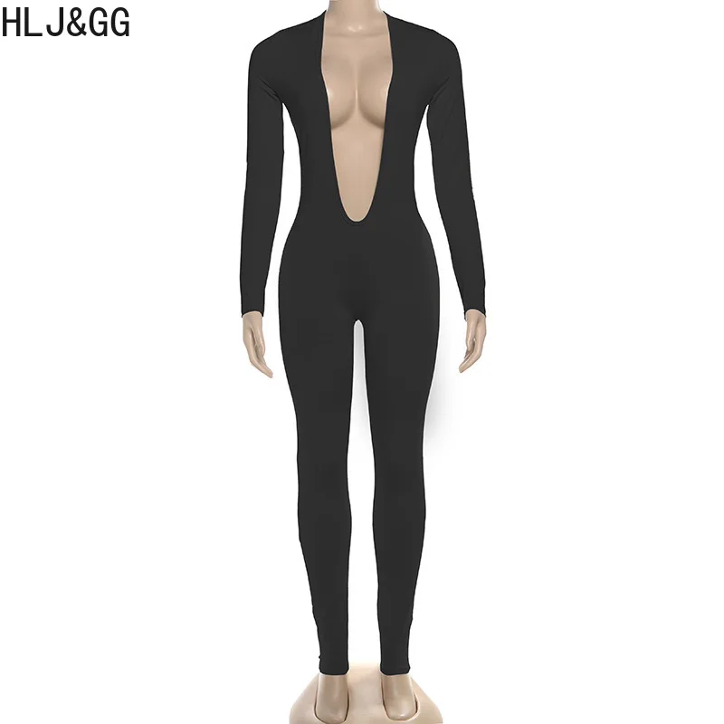 HLJ & GG بدلة قفز مثيرة عميقة على شكل حرف V بدون ظهر قطعة واحدة بدلة لعب نسائية ضيقة بأكمام طويلة موضة أنثى نادي الحفلات الصلبة بشكل عام