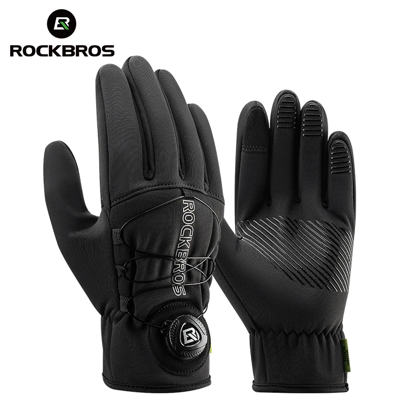 ROCKBROS Winter thermal Bike gloves with buckles Screen Touch Reflective Full Finger Gloves MTB Road Fleece Warm Bicycle Gloves