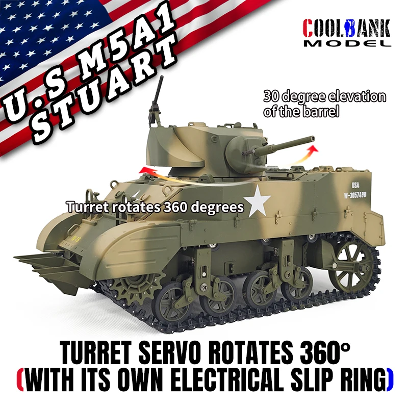 COOLBANK-M5A1 Veículos militares Tanque, EUA Stuart Light Tank, 1:16 High Speed RC Drift Cars, Hobby Battle Tank, Modelo Brinquedos, 14 +