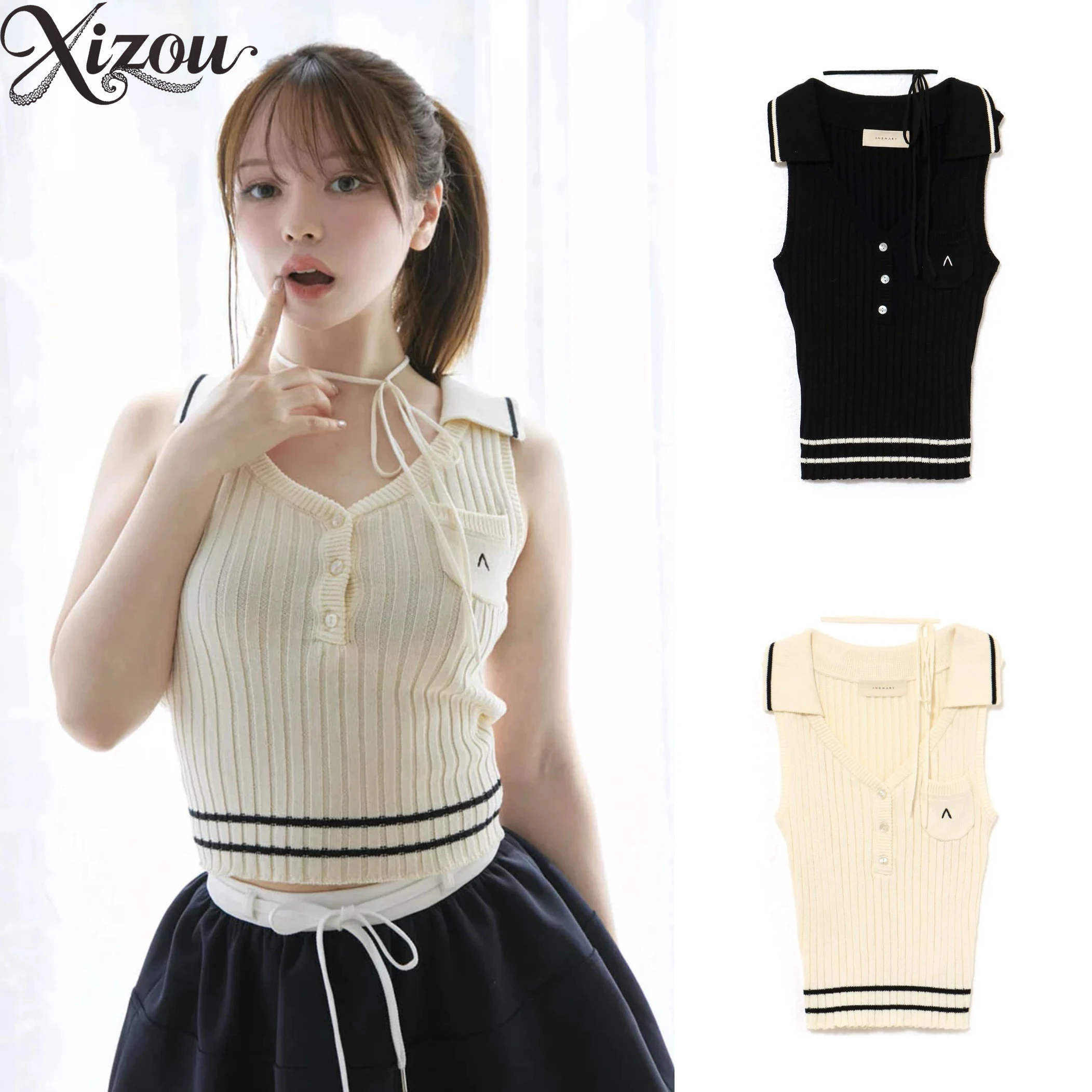 

2025 New Japanese Style Sweet Cute Ladies V-neck Sleeveless Tank Top Casual Elegant Knitted Vest Women's Tops Summer