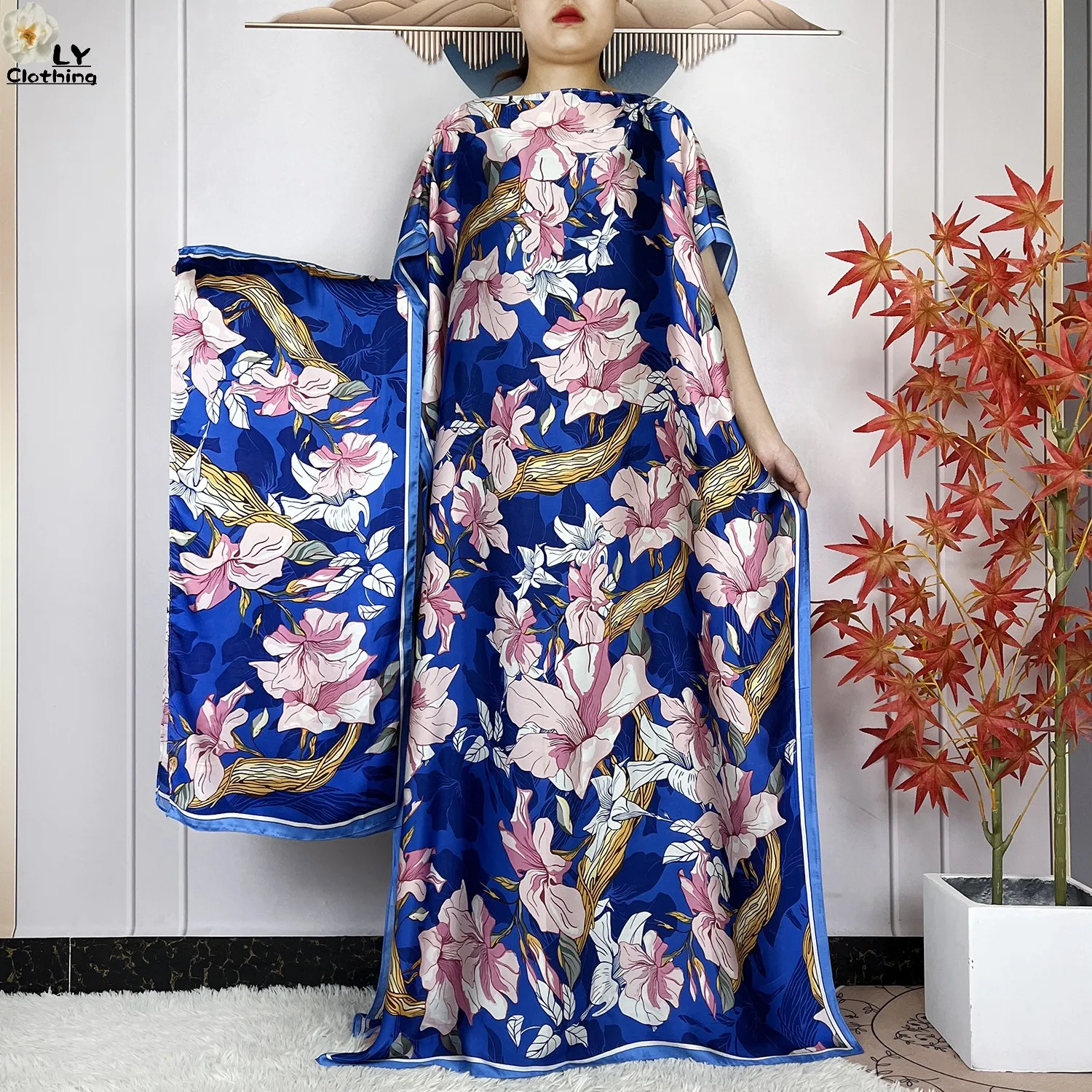 2023 African Elegant Women Maxi Summer Dress Silk Soft Fabric Printed New Dubai Femme Party Short Sleeve Loose Casual Robe Abaya