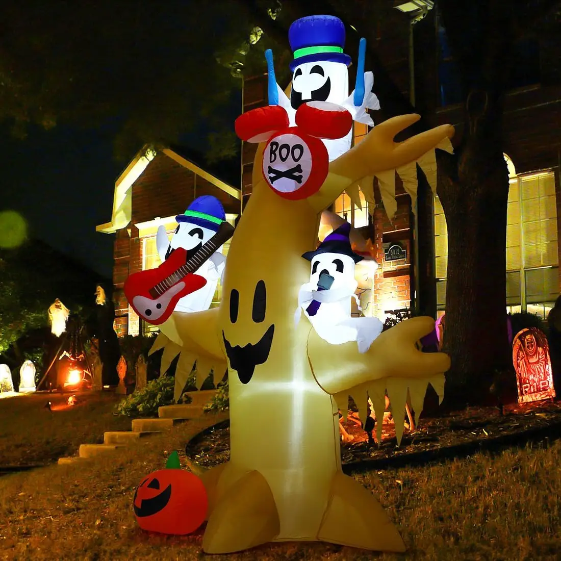 8 FT Halloween Inflatable Outdoor Scary Dead Tree with Pumpkin Ghost Performance Ghosts Band LED Lights for Party Decoration Toy