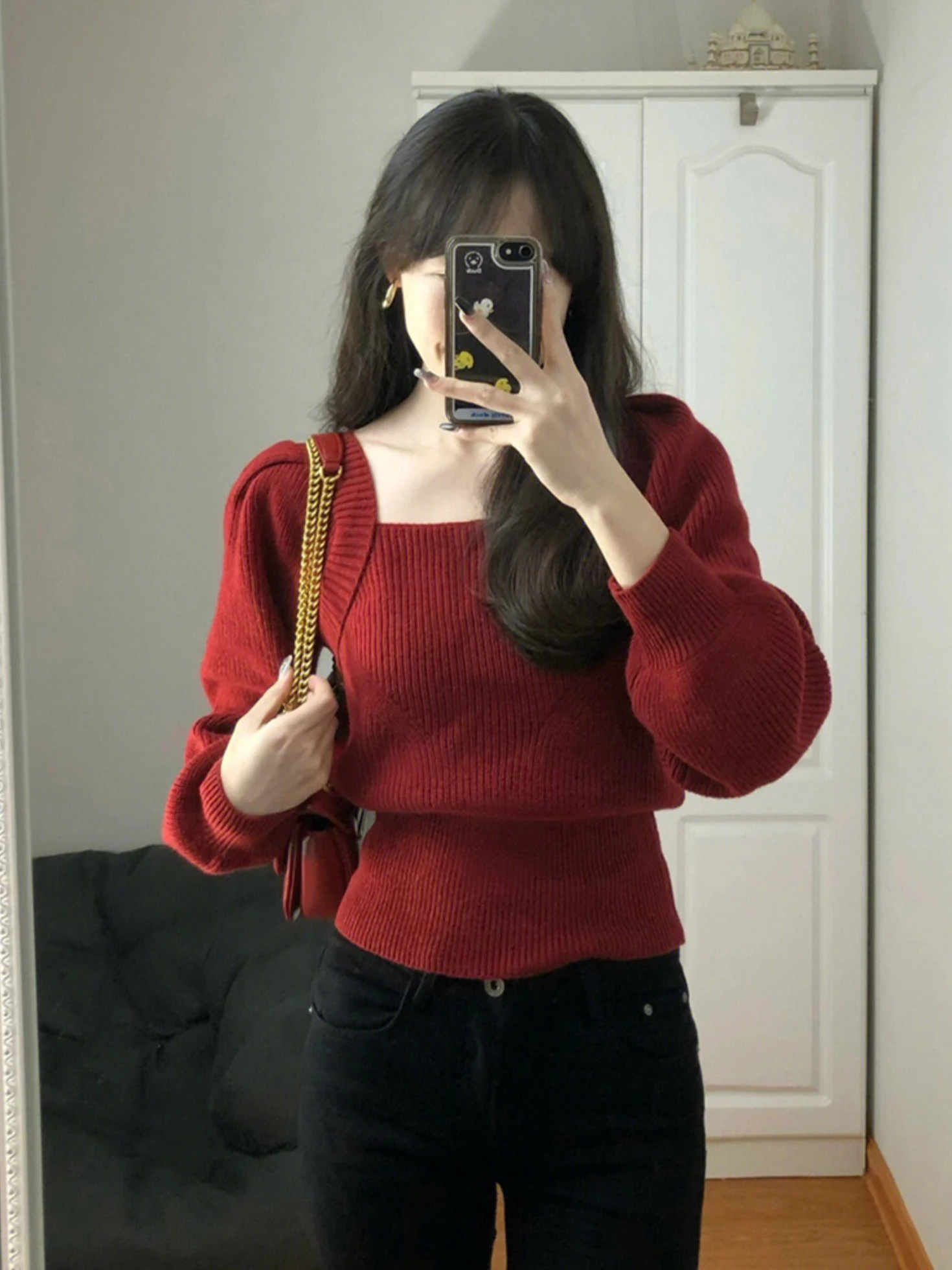 Sweaters Pullovers Women Red Bandage Backless Puff Sleeve Christmas Date Knittedwear Loose Casual Square Collar Winter All-match