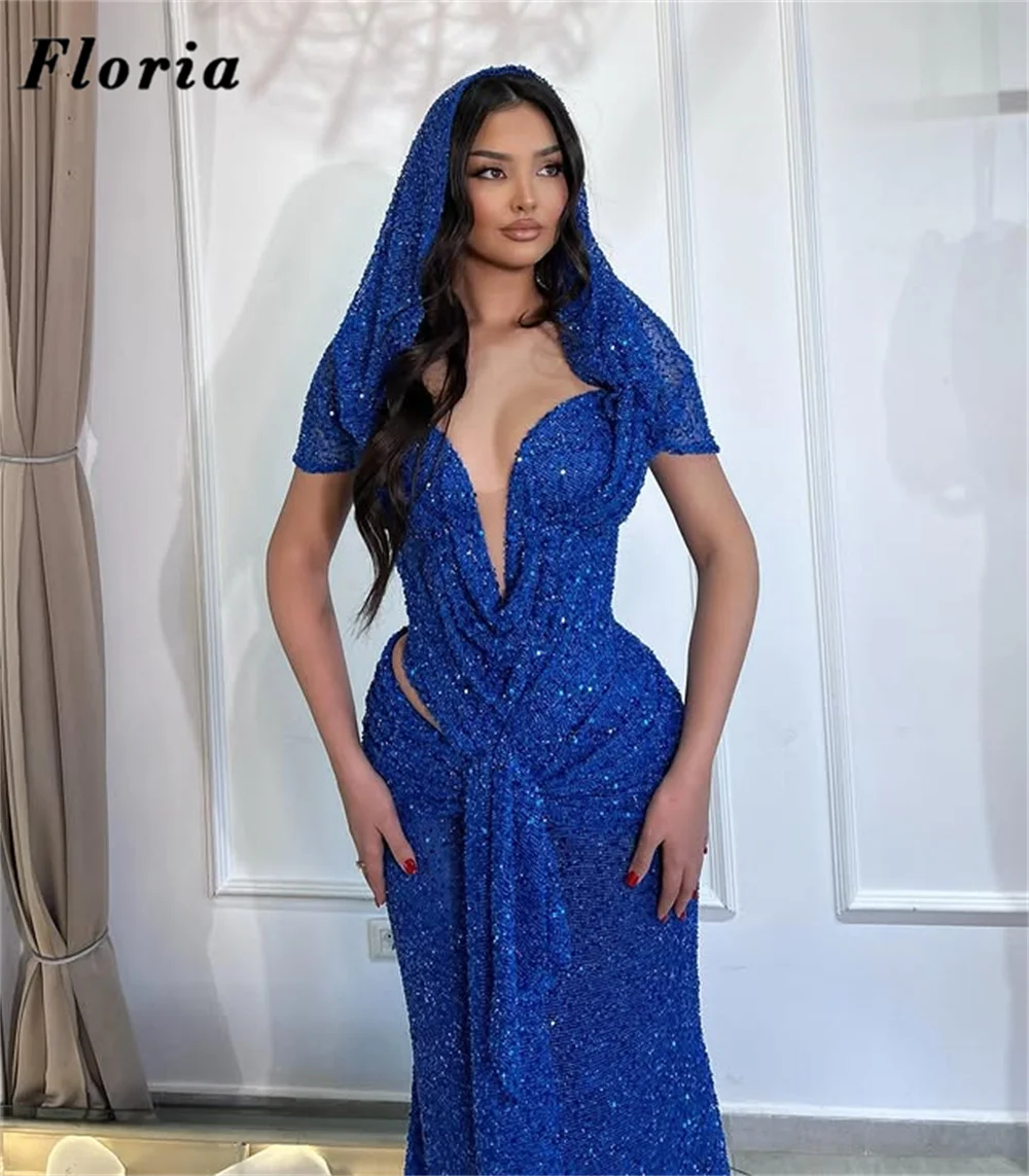 Elegant Blue Sequins Evening Dresses Plus Size Off Shoulder Cut Out Cocktail Party Dress Beaded Engagement Dress Customized 2025