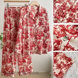 Women's Long Sleeve Pajamas Two Piece Set Sexy Red Flower Satin Sleepwear Trouser Suits Spring Autumn Casual Homewear Loungewear