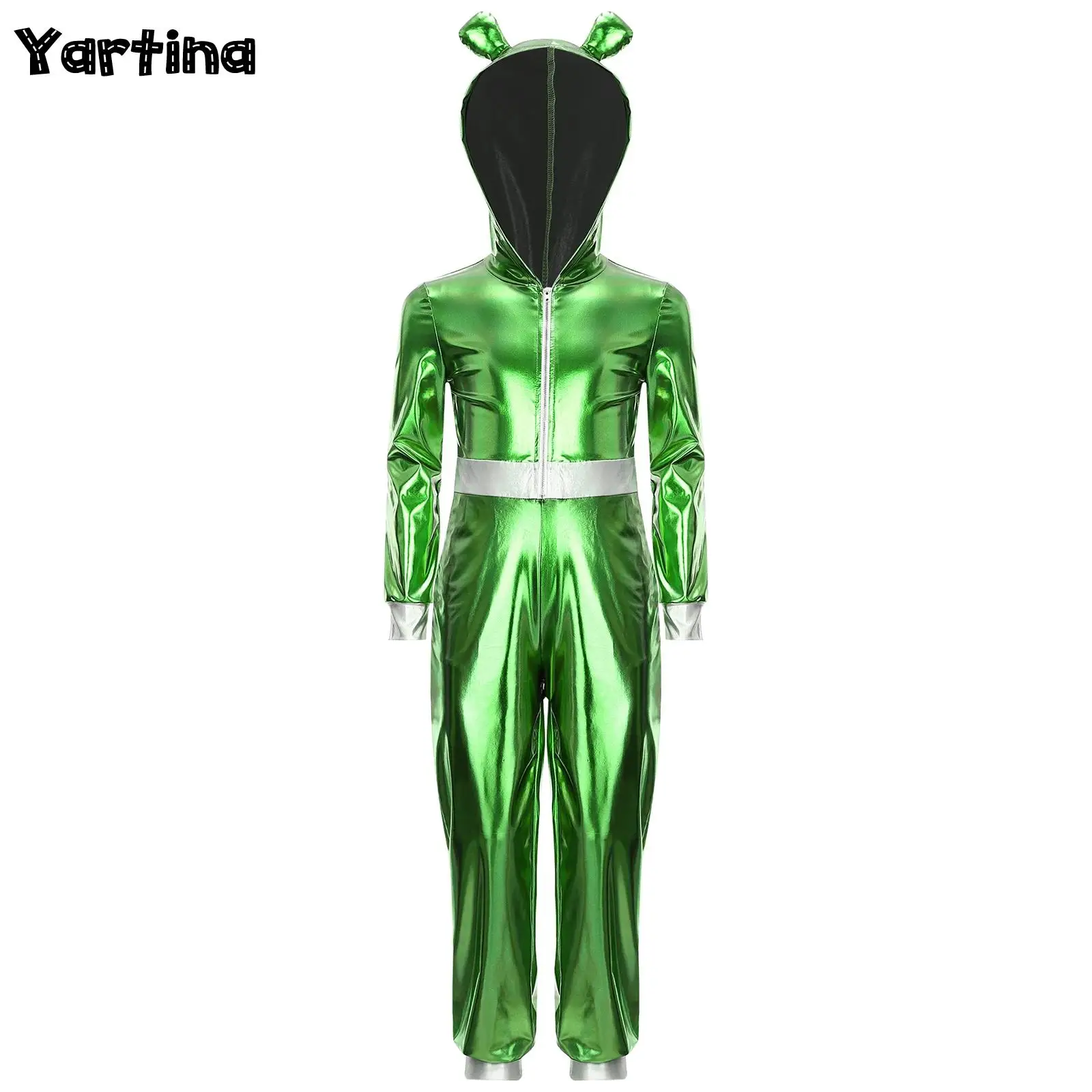 

Girls Alien Outer Space Astronaut Halloween Cosplay Costume Metallic Glossy Hood Front Zipper Alien Outfit Cutie Jumpsuit
