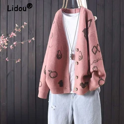 Women's Clothing 2023 Autumn Winter Trendy Vintage Print Single Breasted Knitted Cardigan V Neck Long Sleeve Loose Sweater Coat