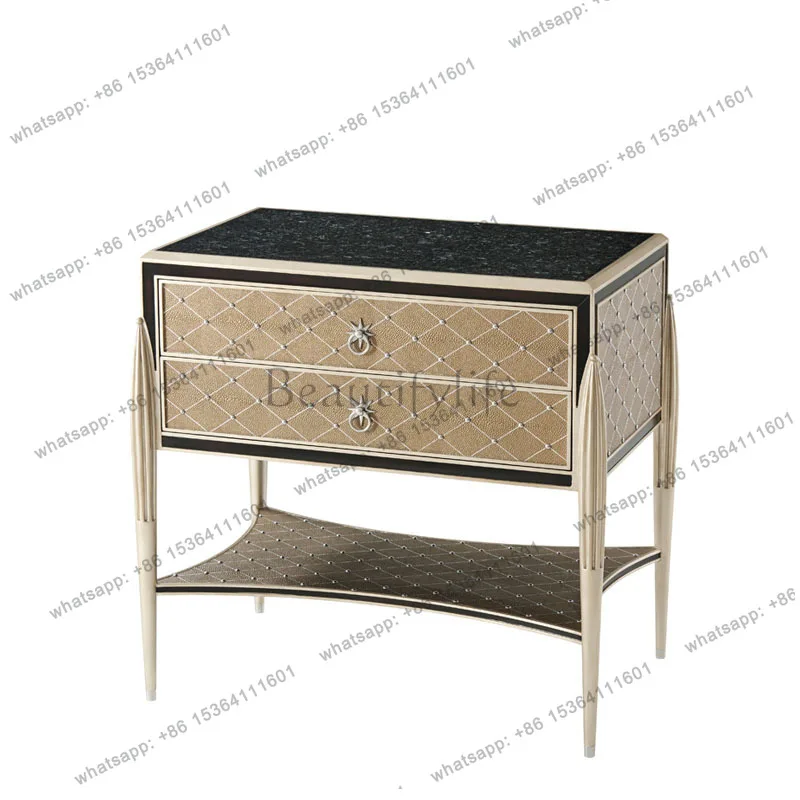 

British neoclassical bedside table, pearl light luxury decorative cabinet European solid wood carving flower
