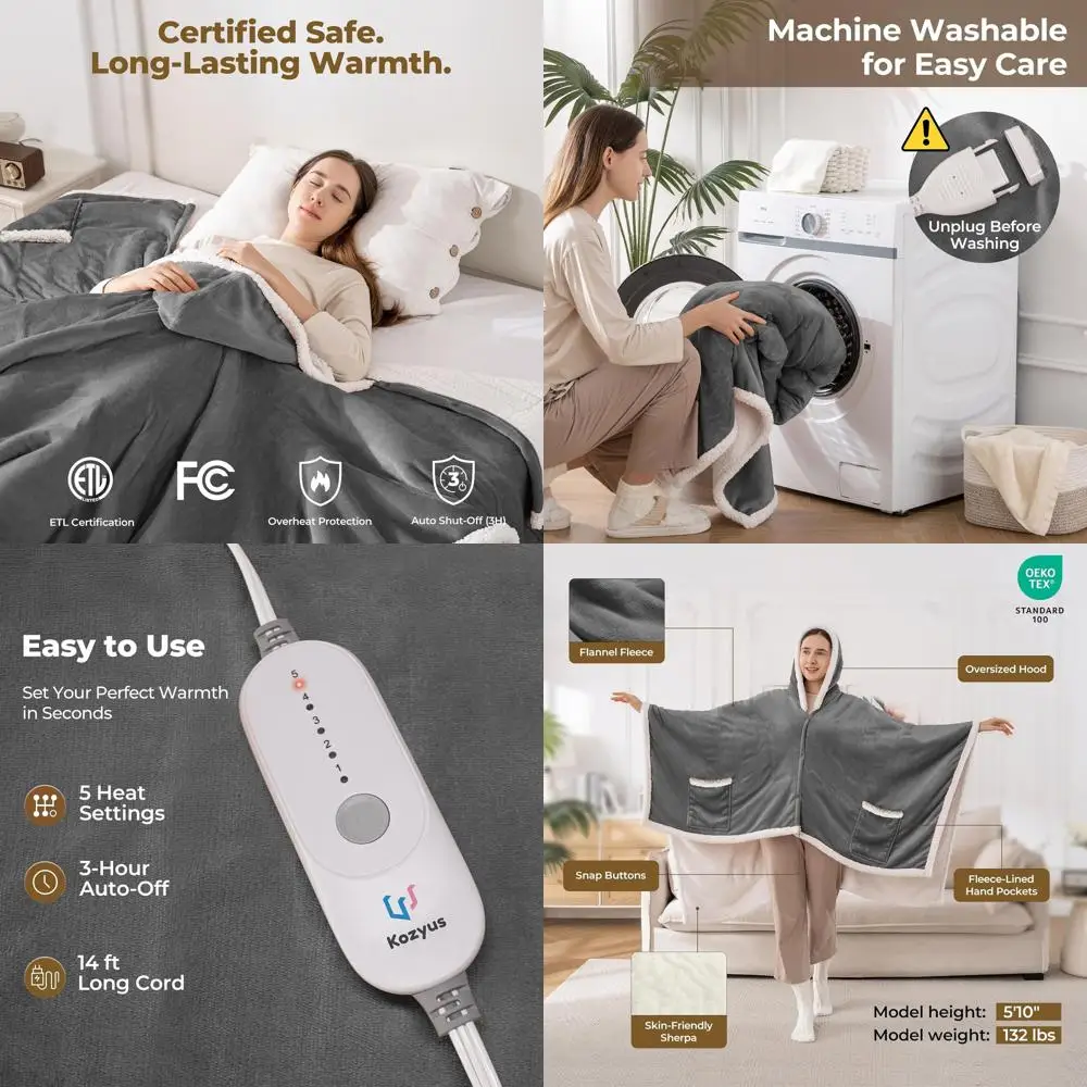 

Electric Heated Blanket with Hood and Pockets, 5 Temperatures, Auto-Off, Washable, Unisex, 56x63 Light Grey