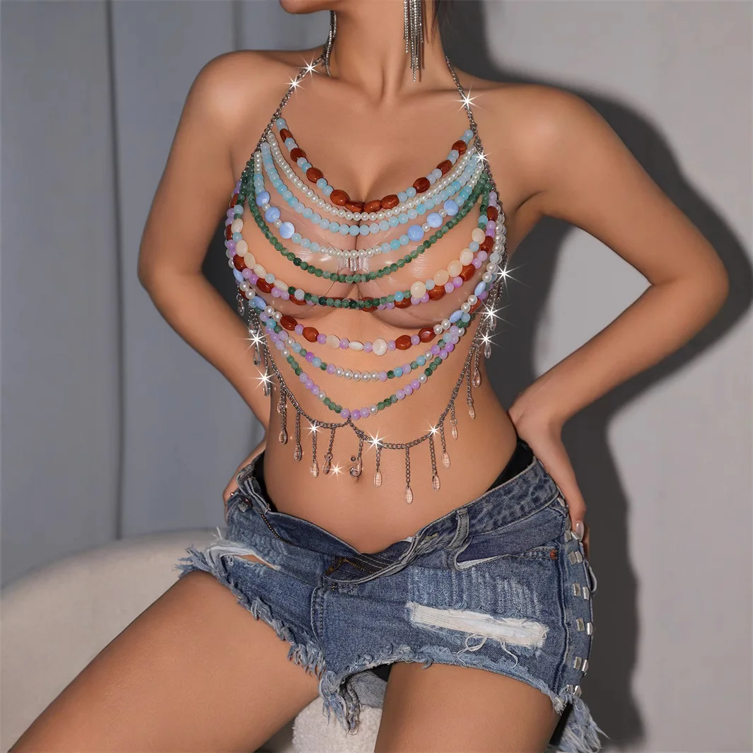 Summer Party Bikini Crop Tops Jewelry Multicolor Stone Beaded Bra Chain Metal Halter Necklace Crystal Tassel Sexy Body Chain