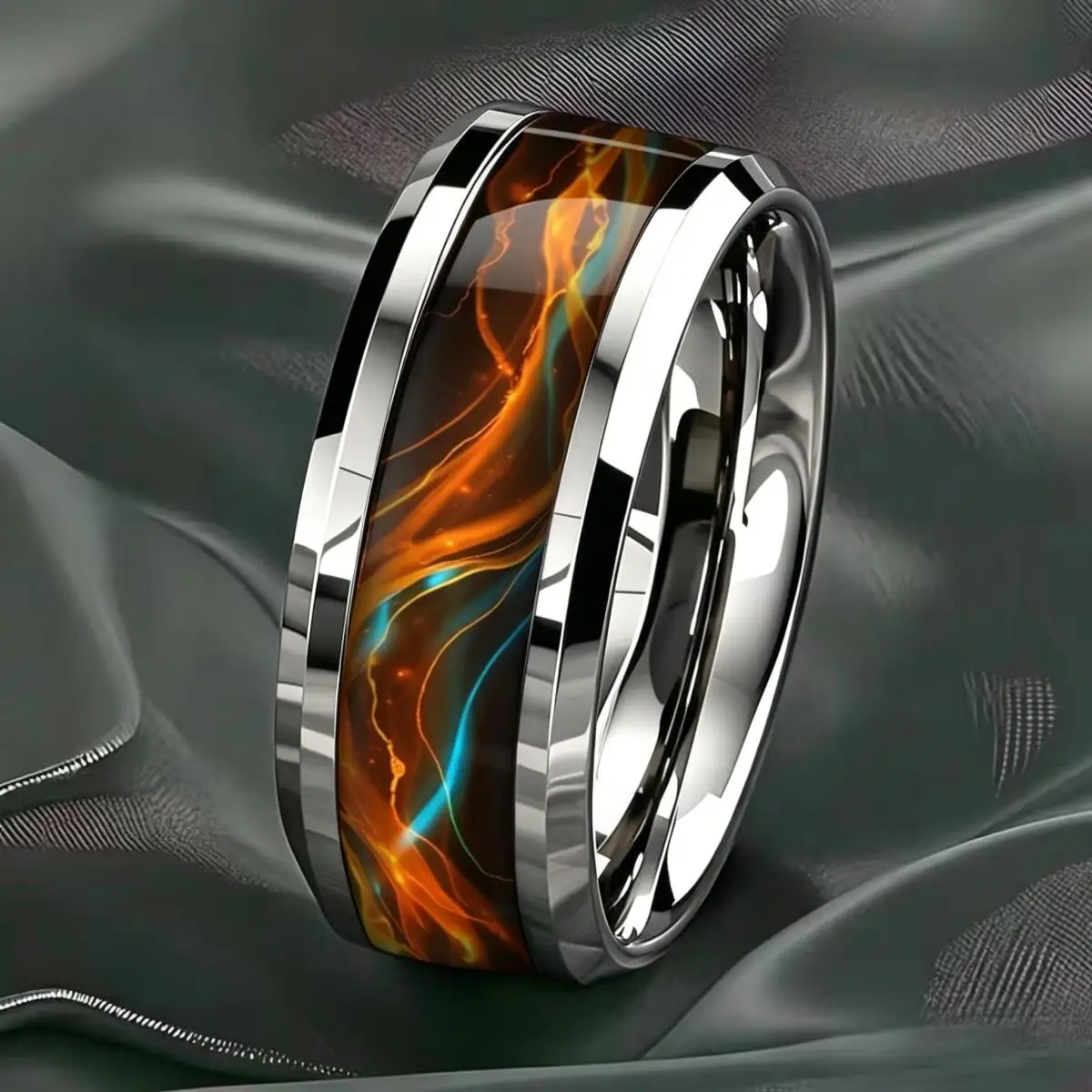 With Orange Teal Galaxy Nebula Pattern Rings, 8mm Cosmic Starry Sky Stainless Steel Men Ring, Wedding Band Jewelry Drop Shipping