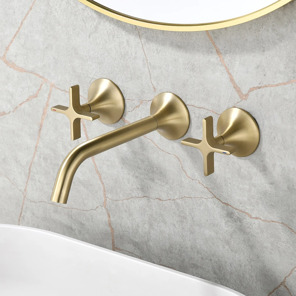 

Brushed Nickel Grey Wall Mounted Basin Faucet 3 Hole Concealed Hot Cold Water Mixer Tap All Copper In-Wall Bathroom Sink Tap