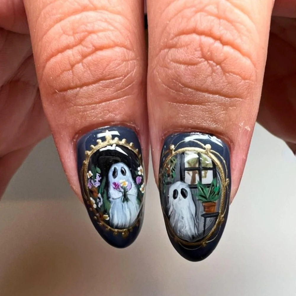 Imprensa artesanal em unhas postiças, pintura do carnaval do Dia das Bruxas, INS Y2K, fantasma bonito 3D, médio oval, unhas postiças, arte de design, unhas DIY com conjunto