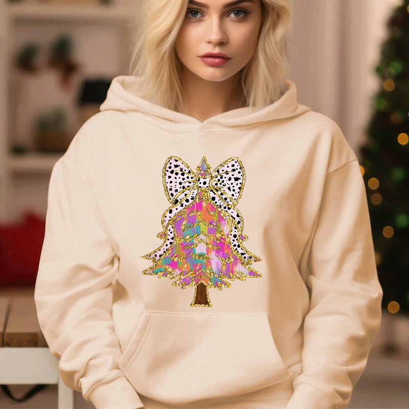 Winter Women Christmas Hoodies Funny Letter Leopard Print Bow Christmas Tree Pullover Long Sleeve Xmas Gifts Ladies Sweatshirt