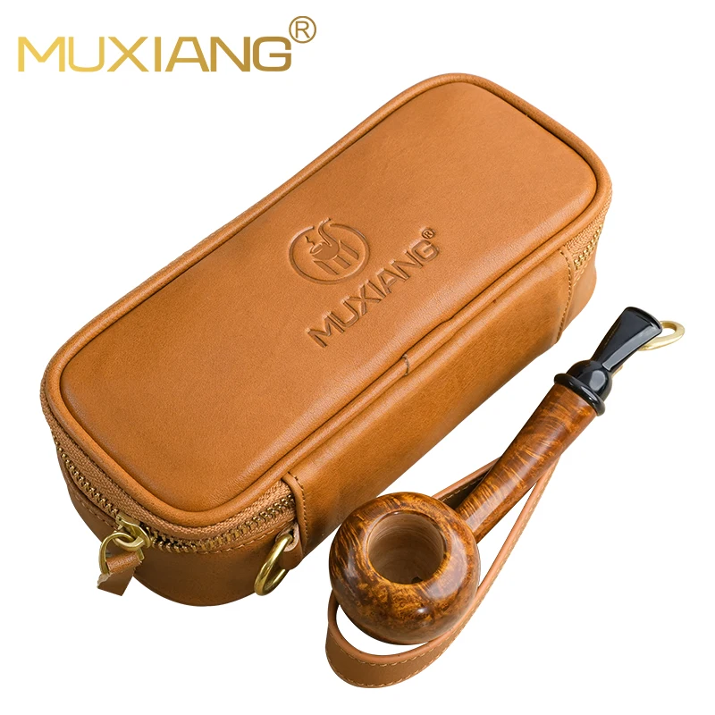 MUXIANG vegetable tanned leather tobacco pipe bag (with gift box) can hold 2 pipes and accessories set