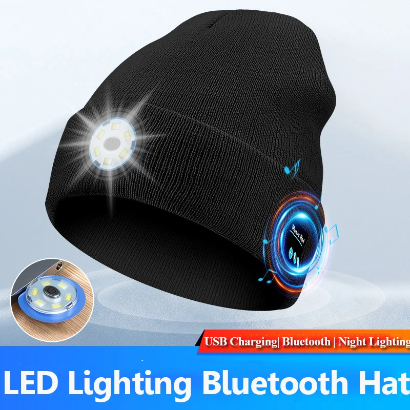 Unisex LED Bluetooth Hat Outdoor Warm Sports Headphones Stereo Music Cap Headset with Microphone for Running Riding Hiking