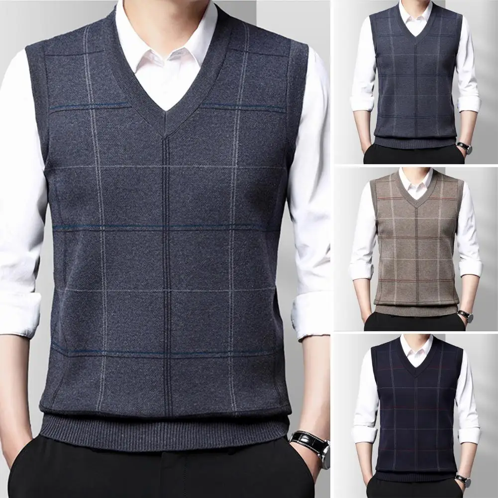 

Men Fall Spring Sweater Vest Knitted Loose Pullover V Neck Plaid Print Soft Warm Mid-aged Father Grandfather Sweater Vest