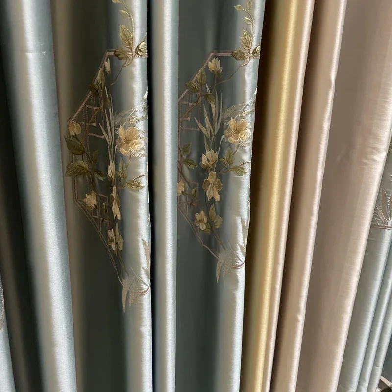

New Chinese Style Embroidered Window Screen Light Blue Embroidered Patched Curtains For Living Room Bedroom French Window Study
