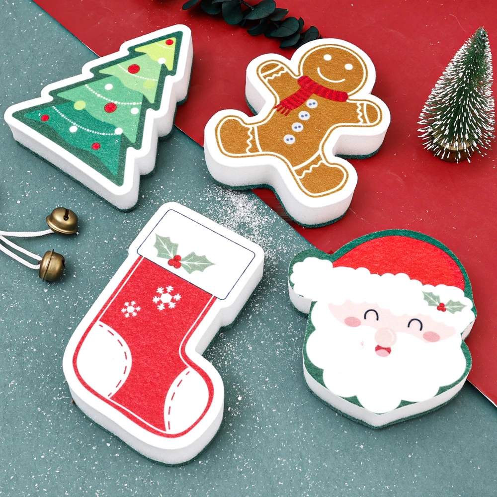 Christmas Cleaning Sponge Christmas Theme Decoration Kitchen Cleaner Scouring Pad For Washing Dish Pot Household Cleaning Tools