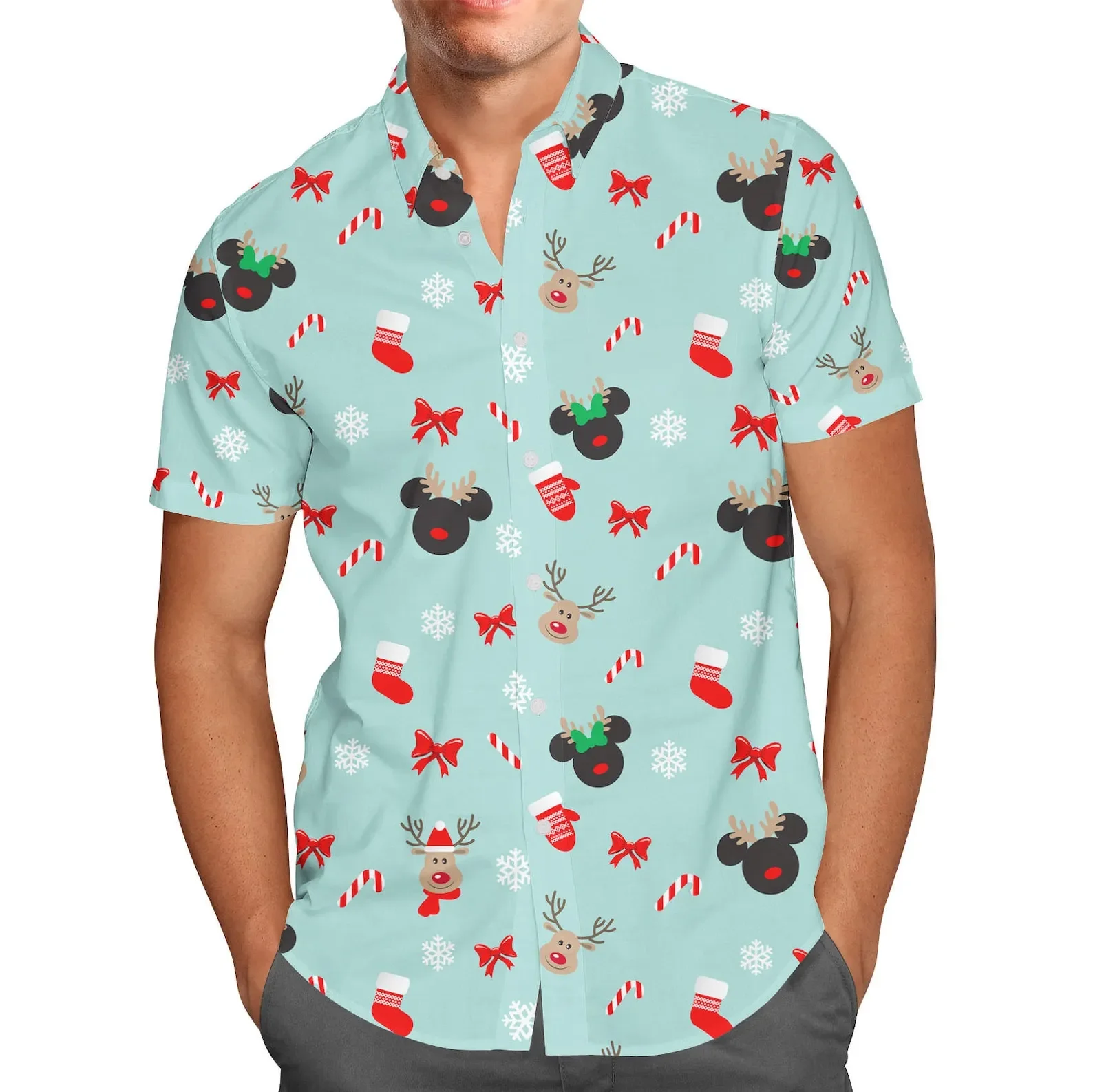 Mickey Christmas Hawaiian Shirt Men\'s Women Short Sleeve Button Up Shirt Disney Christmas Hawaiian Shirt Casual Beach Shirt Kids