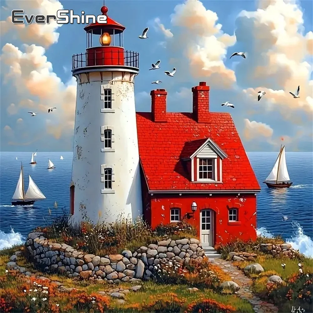 Evershine Vollquadrat Rund Diamant Mosaik Leuchtturm Malerei Haus Tier Vollquadrat Stickerei Meer Landschaft Handwerk