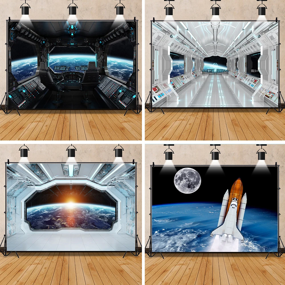 Spaceship Backdrop Outer Space Theme Astronaut Galaxy Planet Kid Birthday Photography Background Photo Shoot Party Decor