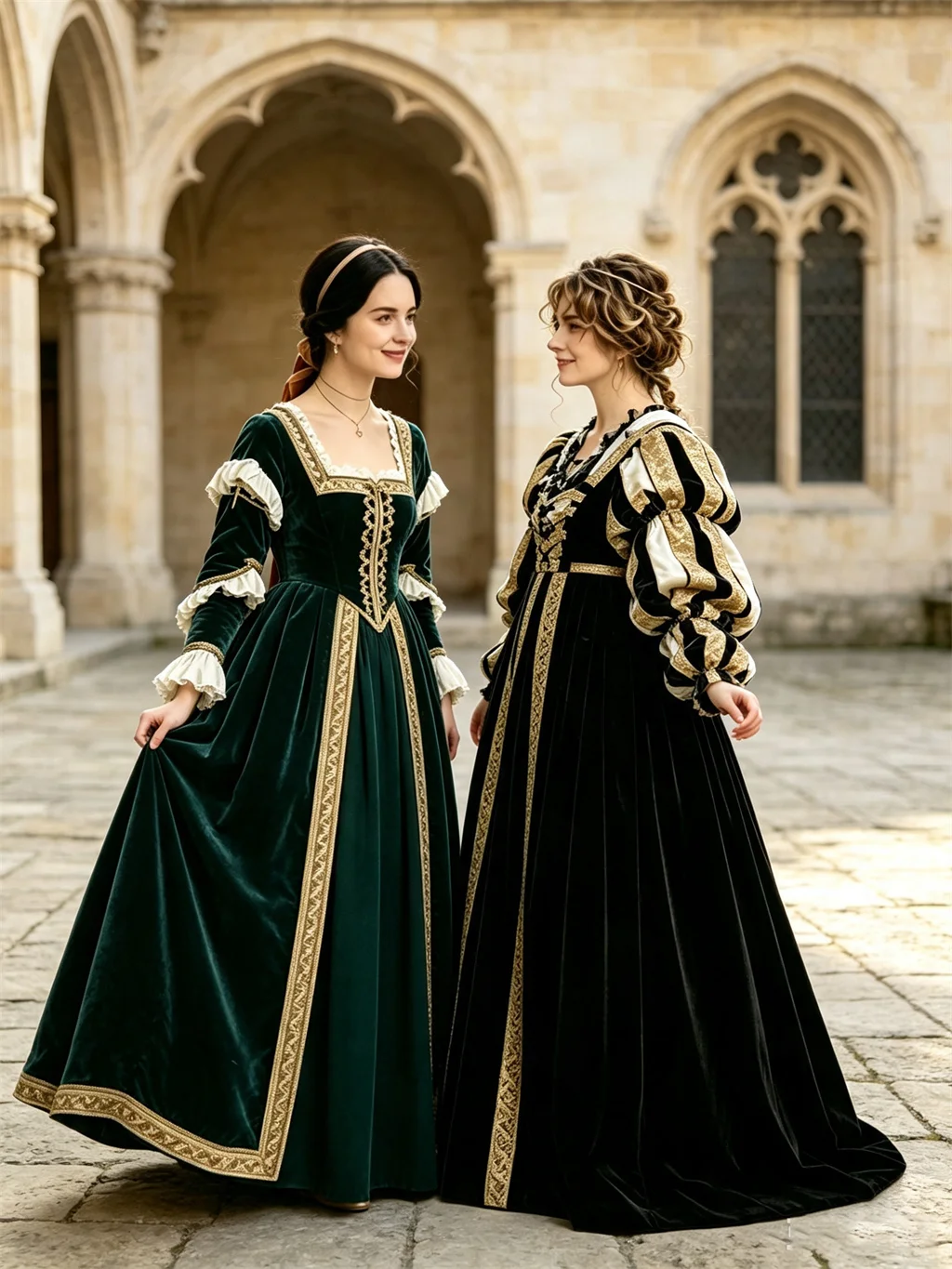 Kostüm einer edlen Tudor-Dame aus dem 16. Jahrhundert, Renaissance-Kleid in Grün, Schwarz und Gold mit Spitze, Vintage-Ballkostüm im Hofstil