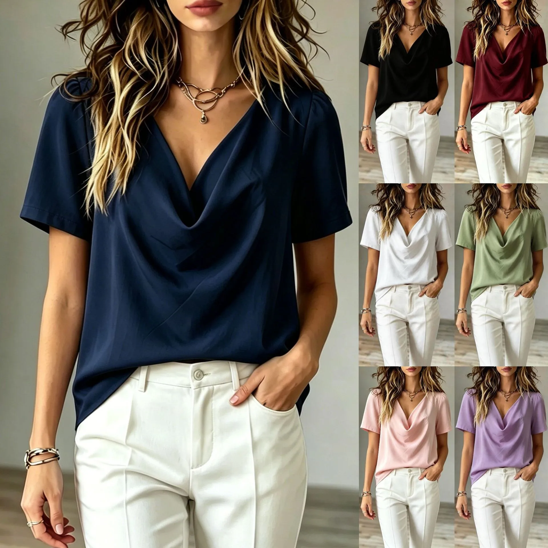 

Summer Womens Blouse V Neck Draped Front Navy Blue Blouses Solid Color Burgundy Chiffon Blouse Cowl Neck Olive Green Top