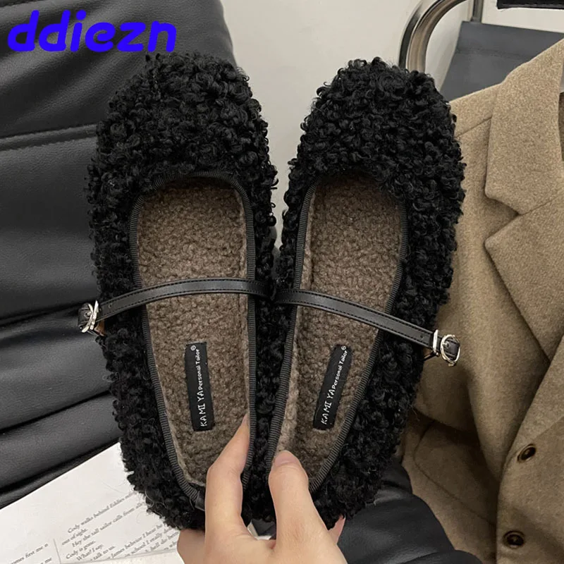 Plush Footwear Lolita Flats Mary Janes Fur Shoes For Women Fashion Buckle Strap Female Shallow Ladies Flats Warm Shoes