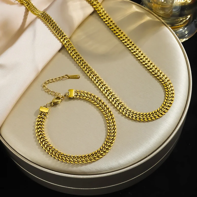 316L Stainless Steel Woven Hip-hop Design With A Tough And Sturdy Double Layered Vintage Bracelet Necklace Jewelry Set