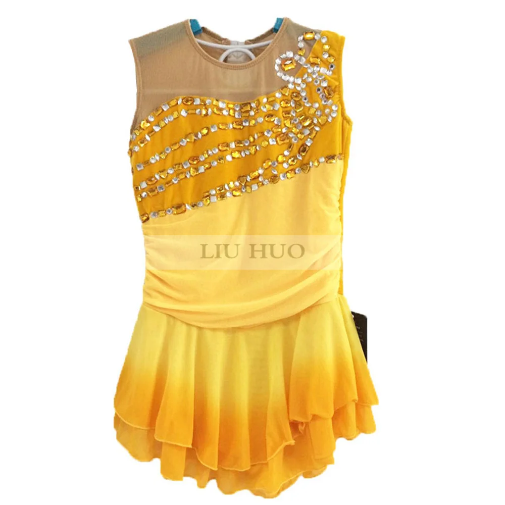 LIUHUO Figure Skating Dress Women's Girls' Ice Performance Sleeveless Competition Costume Yellow Tights Kids Leotard Dance Teens