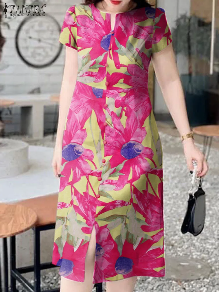 

ZANZEA 2024 Summer Short Sleeve Dresses Women Printed Midi Dress Fashion Cotton Colorful Vestidos Casual Loose Buttons Sundress