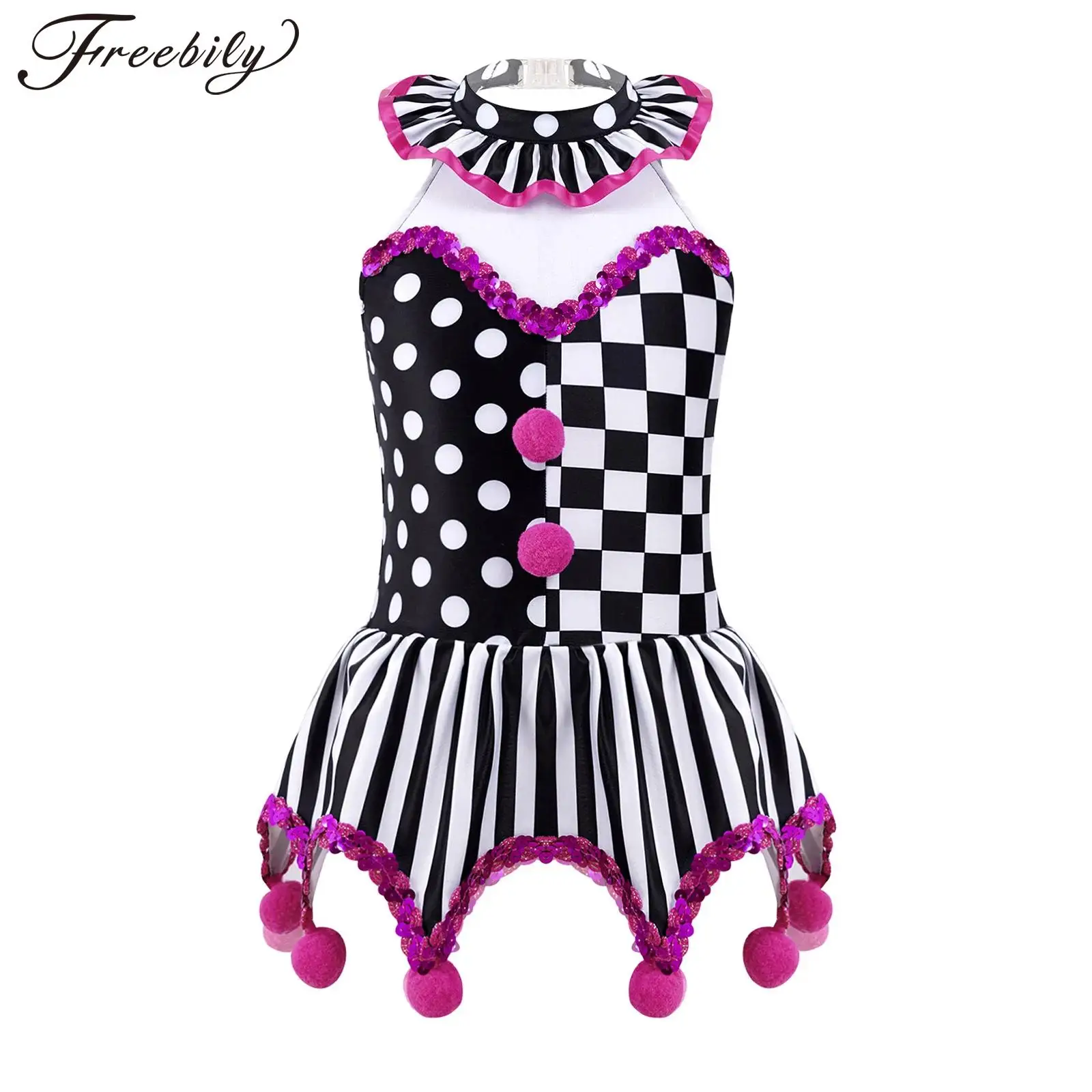 Circus Clown Cosplay Costume Dress Kids Girls Sleeveless Tutu Dress with Pompoms Carnival Festive Halloween Joker Fancy Dress Up