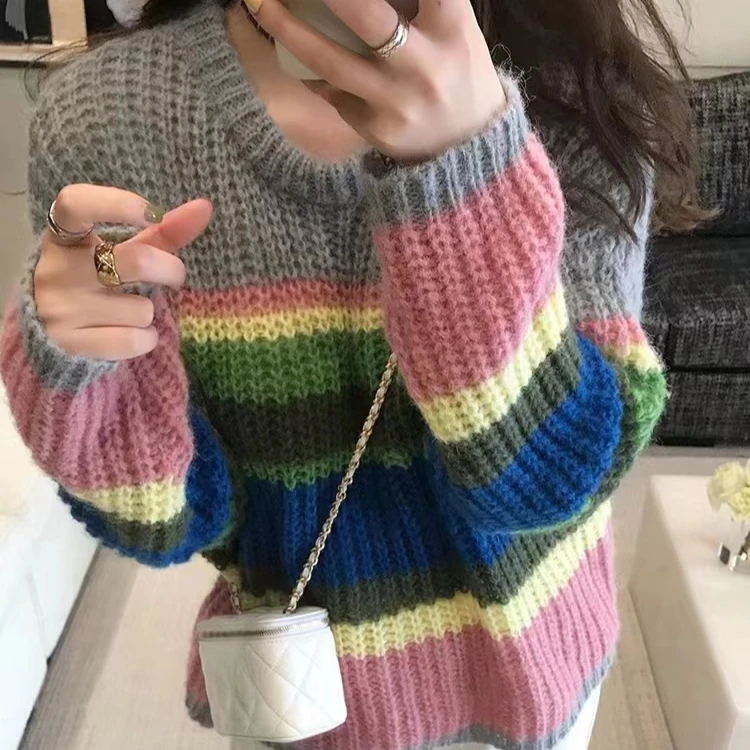 2025 primavera Autunno Donna Maglioni Casual allentato Manica lunga O-Collo Pullover lavorato a maglia Maglione Strisce arcobaleno Jersey Top Vestiti