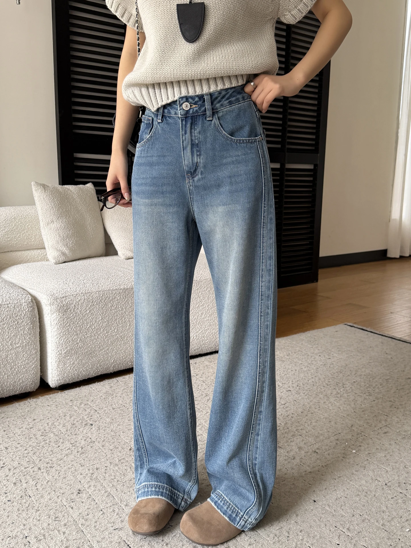 

Синие широкие джинсы женские прямого кроя, свободные, удлиненные, визуально стройнящие, весенняя новинка, скрывающие недостатки фигуры, удлиняющие ноги