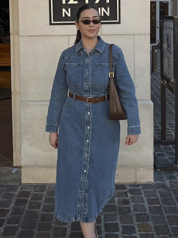 

Denim Single Breasted Midi Dress Women Casual Turn-down Collar Long Sleeve Pockets Patchwork Slim Dresses Fashion Ladies Robes