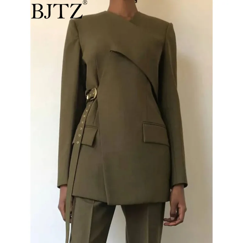 

BJTZ High Quality Office Lady Style Blazer 2025 New Item Collarless Cross Irregular Design Sense Lace Up Solid Color Suit Jacket