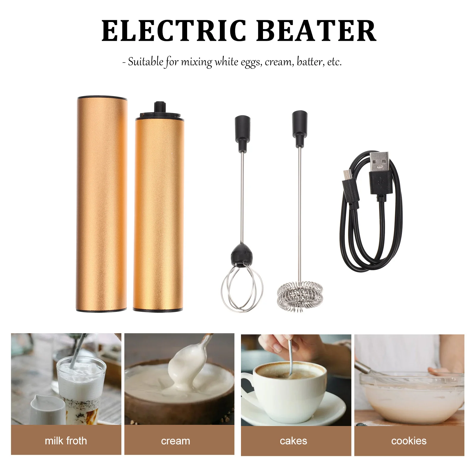 

1Set Stainless Steel Electric Milk Frother Handheld USB Rechargeable Coffee Whisk Portable Kitchen Mixer for Cream Cake Dessert