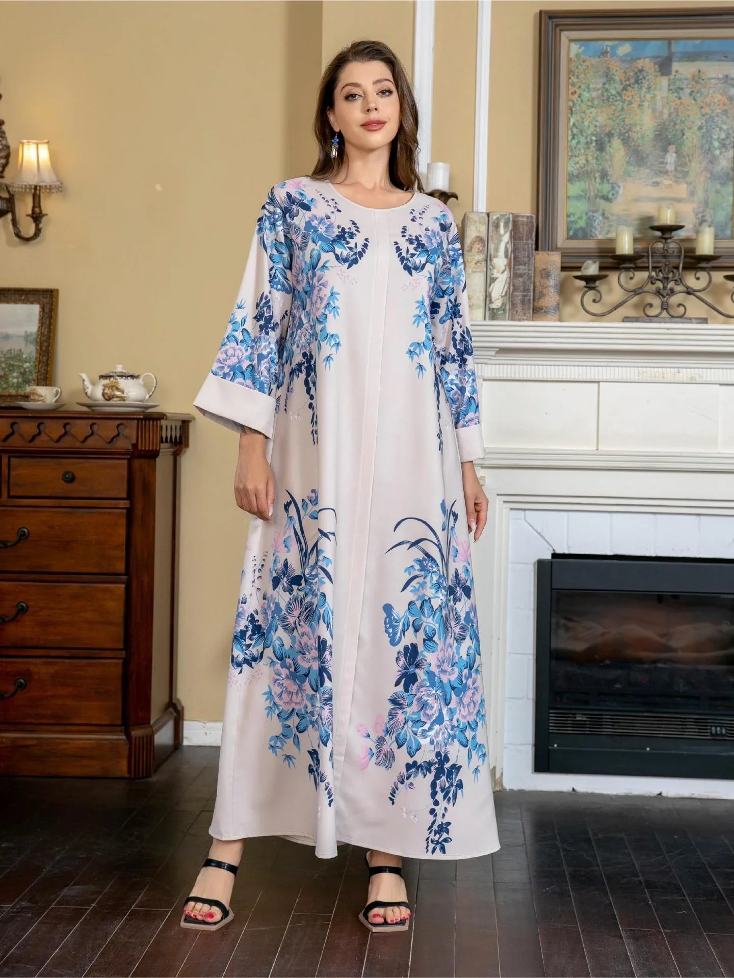 Eid Muslim Abaya for Women Flower Print Beading Dresses Ramadan Vestidos Party Abayas Islam Arab Long Robe Jalabiya Kaftan 2024