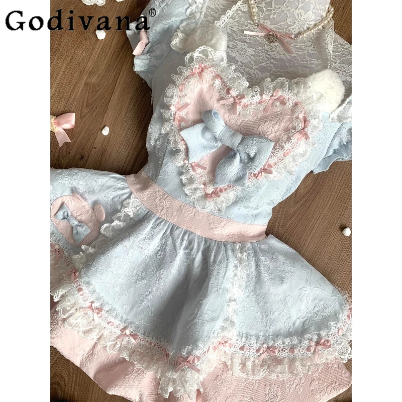 Sweet Cute Pink Blue Color Patchwork Dress with Unique Design Girls Lace Halter Neck Puffy Dress Women Waist Flower Bud Dress