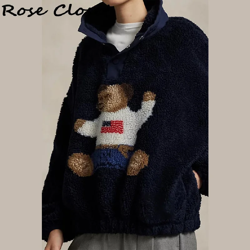 

Cute Bear Pattern Women's Sweatshirt Casual High Collar Polar Fleece Sweater Blouses Tops 2025 New Winter Y2K Lady Sweatshirts