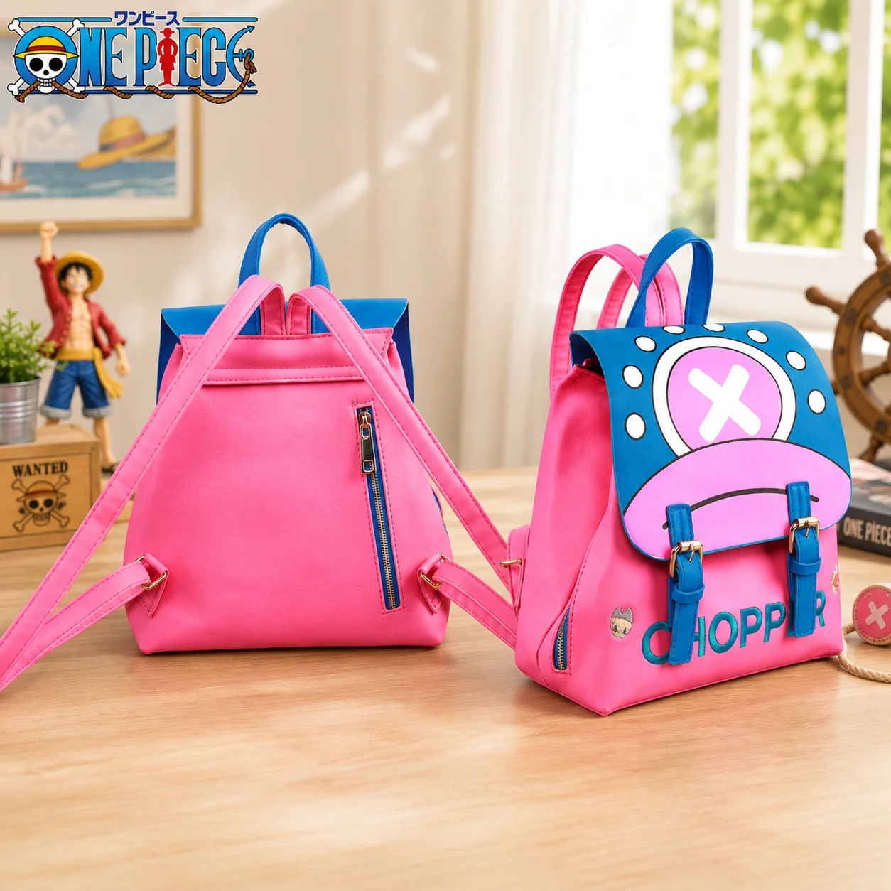 One Piece Chopper Backpack Anime Pink PU School Bag Casual Korean Style Shoulder Backpack for Students Girls Outdoor T