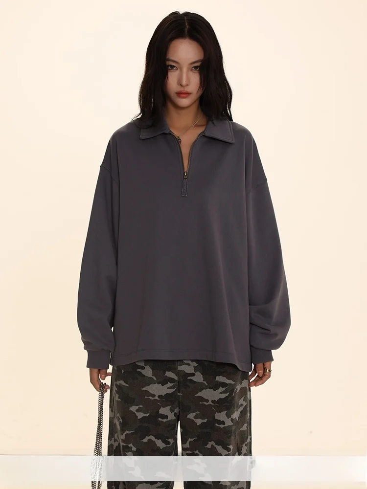 

DNT Повседневная длинная свевая толстовка с воротником-молнией, свободная посадка, универсальная осенняя женская футболка чистого цвета