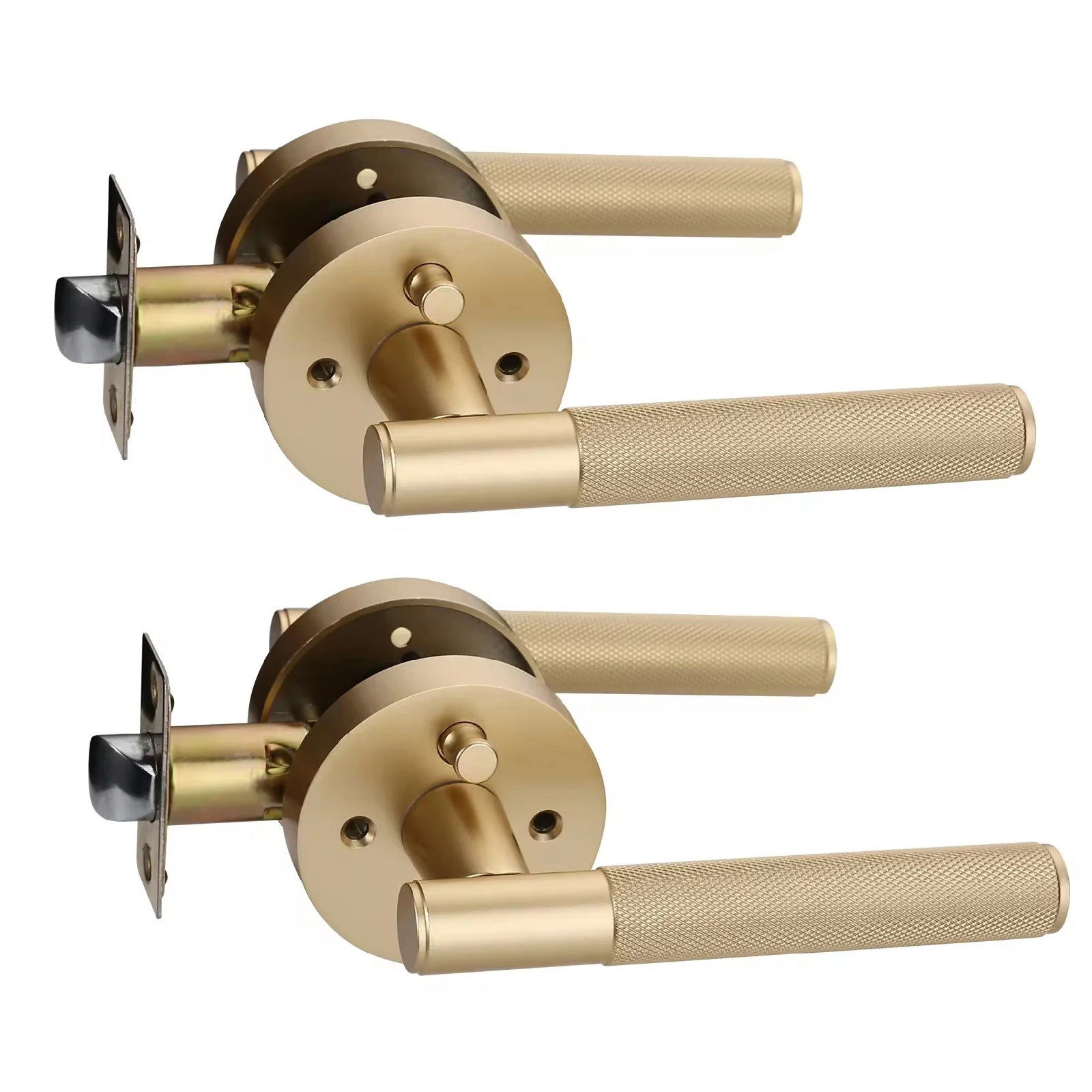 

Viladepot 2PCS Privacy Door Handle Rear Knurled Handle Lever Matte Gold Round Base Bedroom Bathroom Door Lock Reversible