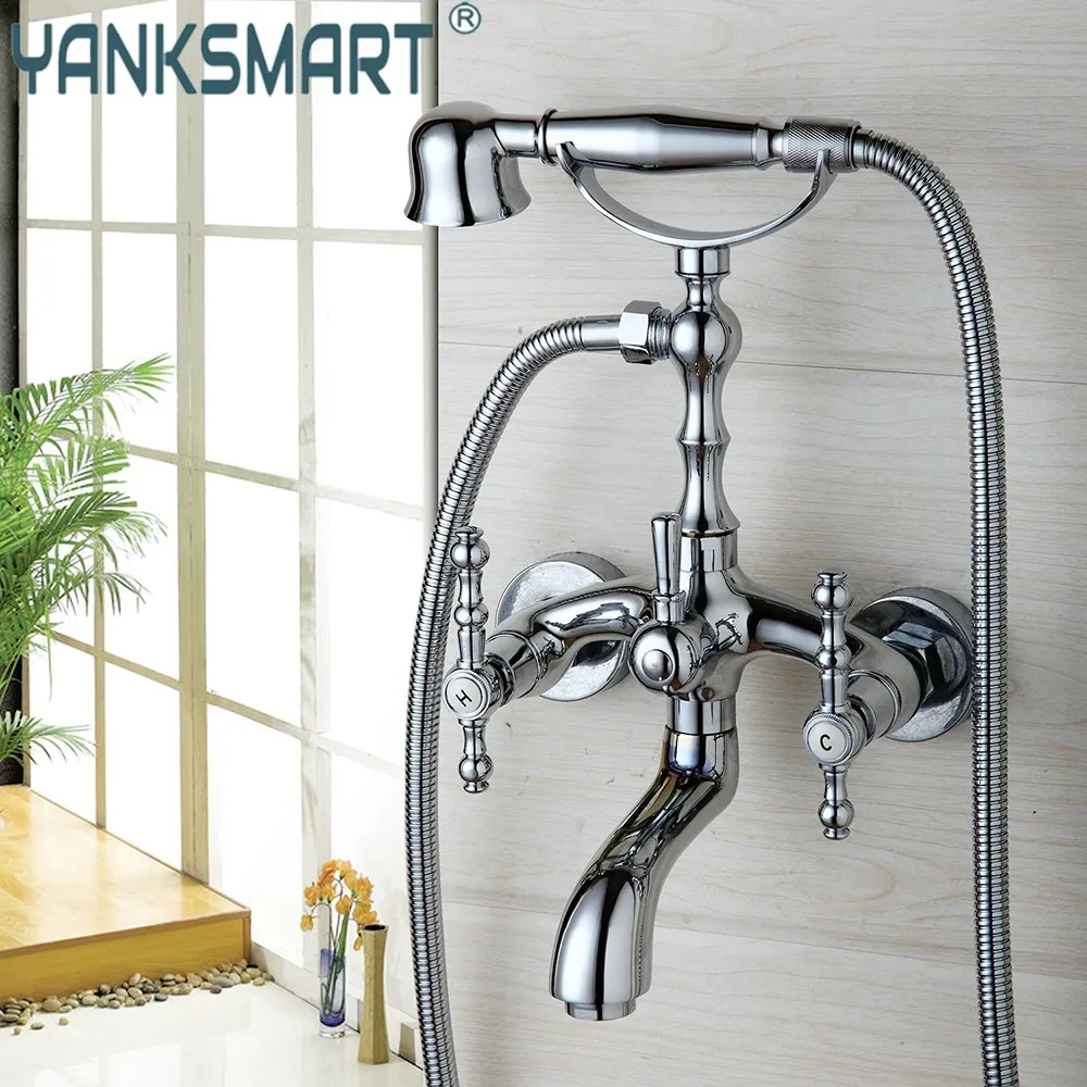 

YANKSMART Chrome Bathtub Shower Faucet Set Wall Mounted Banheira Telephone Type W/ Handshower and Swivel Tub Spout Mixer Tap